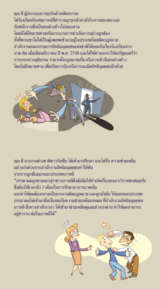 A factory owner, Mr. C, witnessed several cases of unwarranted assaults on migrant workers. Mr. Kim submitted a complaint to the National Human Rights Commission of Korea(NHRCK), hoping to prevent future unlawful assaults. In December 2005, the Commission accepted Mr. Kim's claims and recommended that the Ministry of Justice establish legal standards to prevent the recurrence of such cases. A Russian migrant worker, Mr. D, was to be compulsorily evicted from Korea, but filed a complaint to the NHRCK. The NHRCK reviewed his complaint in September 2002 and recommended that his case be emergently relieved. 'I tried to stop a drunken Korean guy who grabbed my wifef's wrist and was instantly involved in fighting with him. Although I was injured to take three months to heal completely, I was ordered an eviction from Korea because of my status as an undocumented migrant worker. A priest filed a complaint to the NHRCK for me and I was able to keep working in Korea after the NHRCK issued a recommendation for an emergent relief.